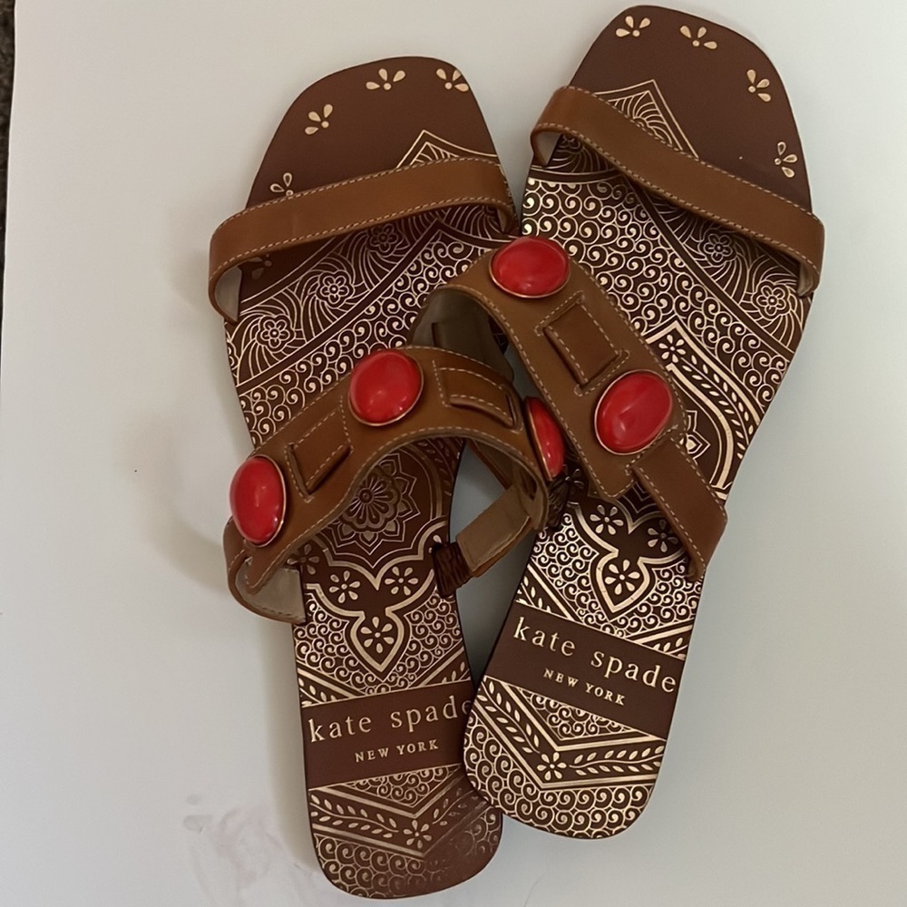 KATE SPADE Women’s Camel Embellished Leather Sandals - Size 6 - Picture 4 of 5